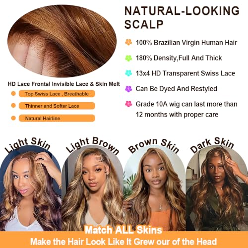 Highlight Ombre Lace Front Wig Human Hair HD Body Wave Lace Front Wigs Human Hair 180% Density 4/27 Colored Honey Blonde Frontal Wig for Women Pre Plucked with Baby Hair 20 Inch