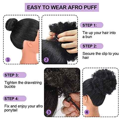 YEAME Afro Puff Drawstring Ponytail for Black Women, Short Kinky Curly Afro Ponytail Synthetic Hair Puffs, Premium Black Afro Bun Drawstring Ponytail for Women Girls (1B Natural Black)