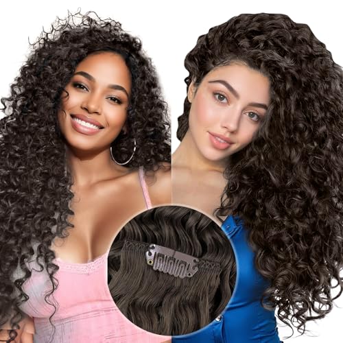 Hetto Curly Clip in Hair Extensions Human Hair Darkest Brown 7Pcs 120g #2 Natural Wavy Curly Hair Extension Clip ins Natural Brown Curly Extensions 16 Inch