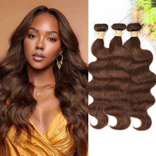 ALLRUN Brown Body Wave Bundles Human Hair 14 16 18 Inch Chocolate Brown Human Hair Bundles 12A 100% Unprocessed Remy Brazilian Virgin Hair Body Wave Human Hair Extension Color 4# Reddish Color
