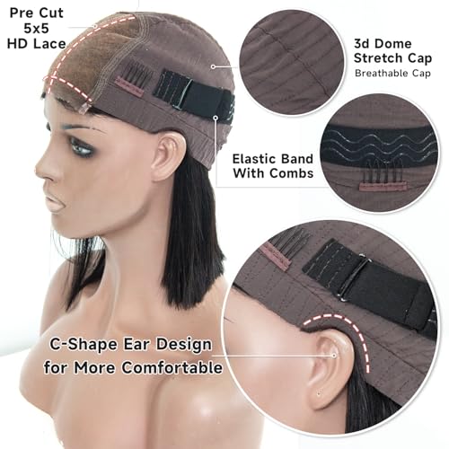 Wear and Go Glueless Wigs Human Hair Pre Plucked Pre Cut, Blunt Cut Bob Wigs Human Hair Bleached Knots 210% Density 12A Brazilian Virgin Hair 5x5 HD Lace Closure Wigs Black Women 10 Inch