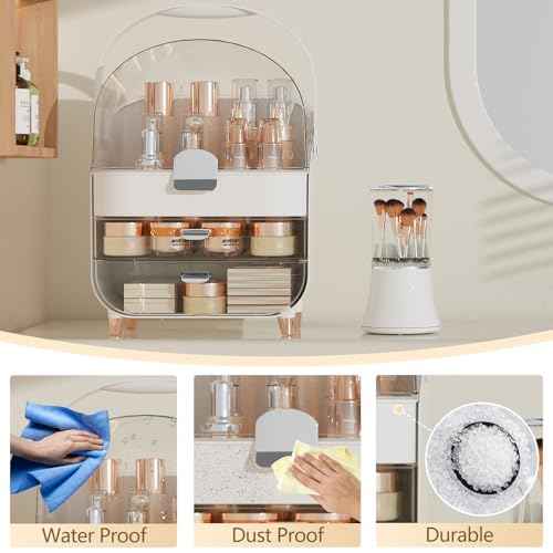 Makeup Organizer, skincare Organizers with Drawers and Lid, Makeup Organizer for Vanity with Handle for Vanity, Dresser, Bathroom Countertop, Christmas Gifts for Teen Girls Countertop(Silver)