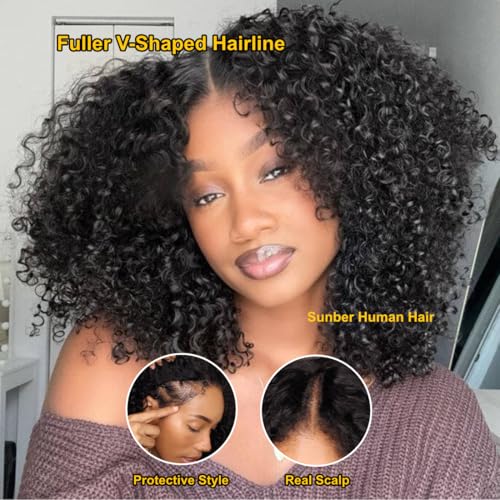 Sunber V Part Wig Human Hair Glueless Wig Kinky Curly Upgrade No Leave Out Vpart Afro Kinky Curly Wigs 150% Density Glueless Clip in Half Wigs No Glue No Sew in Beginner Friendly 16Inch