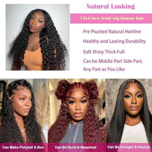 Deep Wave Lace Front Wigs Human Hair Pre Plucked 180 Density 13x4 HD Transparent Lace Frontal Wigs for Black Women Deep Curly Human Hair Lace Front Wigs (28 Inch)