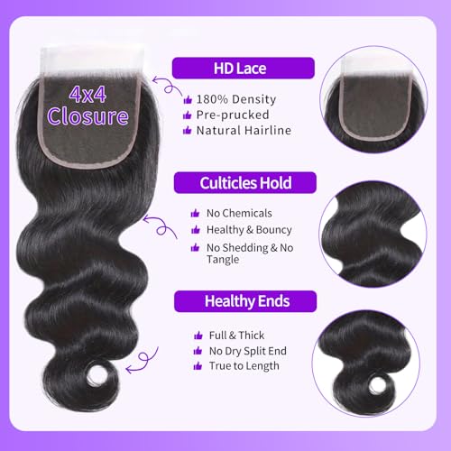 Body Wave Bundles with Closure Human Hair 14 16 18 + 12 Inch Brazilian Human Hair 3 Bundles with 4x4 HD Lace Closure Part 12A Grade 100% Unprocessed Virgin Hair