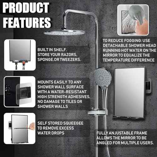 LFOYOU Shower Mirror for Shaving with 2 Replaceable Adhesive - Two Razor Holder, 360¡ÆRotation Adjustable Shaving Mirror with a Squeegee, Bathroom Razor Holder(Not Fogless)