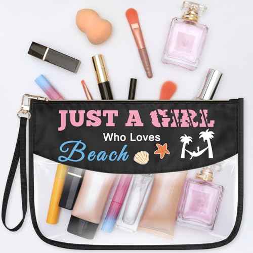 Beach Lover Gift Clear PVC Makeup Bag Summer Beach Themed Gift for Girls Women Oxford Cloth Cosmetic Bag Zipper Travel Toiletry Pouch Birthday Christmas Graduation Gift for Friends Sister Bestie