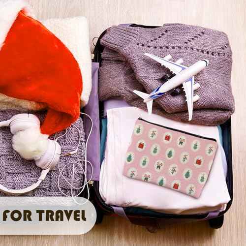 Pink Red and Green Christmas Makeup Bag, Christmas Mistletoe Candy Canes Cosmetic Bags for Women, Preppy Xmas Holiday Zipper Makeup Pouch Travel Toiletry Bag