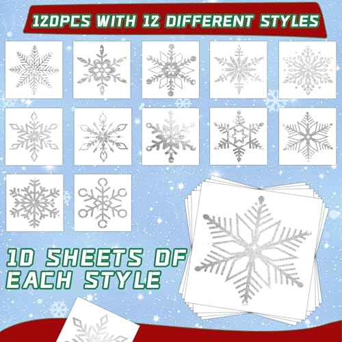 JUNEBRUSHS Winter Snowflake Glitter Silver Foil Temporary Tattoos, 120 Pcs Christmas Metallic Tattoo Sticker Decors 12 Styles Face Make up Stocking Stuffers Gift Filler Winter Wonderland Favors