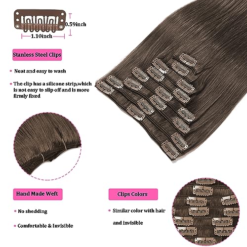 Chocolate Brown Clip in Hair Extensions Real Human Hair Clip ins Remy Human Hair Clip in Extensions Invisible Natural Straight Seamless Clip on Hair Extensions 8pcs Double Weft 22 Inch 90g