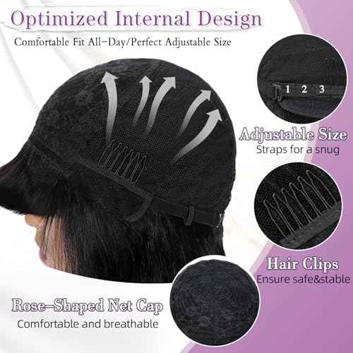 Bob Human Hair Wig with Bangs Silky Straight Glueless Wigs Human Hair 150% Density Black Bob Wig with Bangs None Lace Machine Made Wigs for Black Women 14Inch