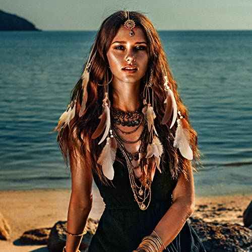 Geyoga 12 Pcs Feather Hair Clip Boho Hair Extensions with Feather Clip Comb Hippie DIY Accessories Hairpin Tribal Braided Beads Headdress for Women(Brown, Dark Brown,Stylish)