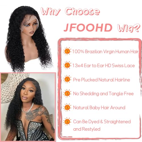 26 Inch Water Wave Lace Front Wigs Human Hair 13x4 HD Transparent Lace Frontal Wigs Pre Plucked Water Wave Lace Front Wigs for Black Women 180% Density Natural Color