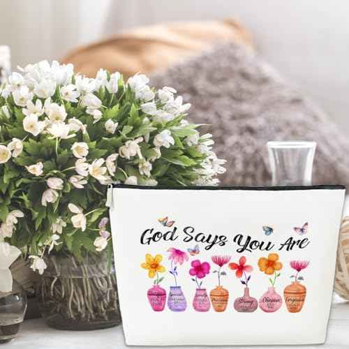 JioJio Chan God Says You Are Makeup Bags, Inspirational Bible Verse Pouch, Christian Encouragement Gifts, Flower Butterfly Wash Pouch for Her, Birthday Gifts for Women PU Leather Cosmetic Bags