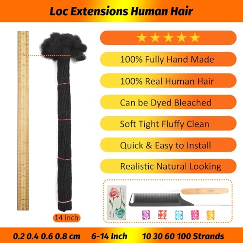 Micro Loc Extensions Human Hair 0.2 cm 14 Inch 30 Strands Dreadlock Extensions Human Hair Loc Extensions Dreads Extensions for Men Women Real Human Hair Locs 1B Natural Black Handmade Permanent Locs