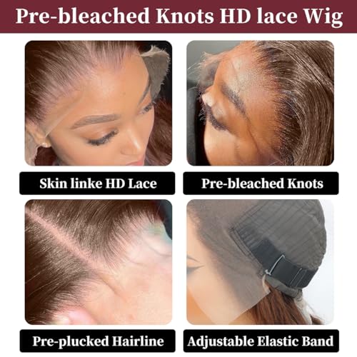 LICHANG Human Hair Wig Chocolate Brown Lace Front Bob Wigs Human Hair 200% Density 13x4 HD Transparent Lace Front Straight Short Bob Wigs for Women Wigs Baby Hair Natural Hairline 14 Inch