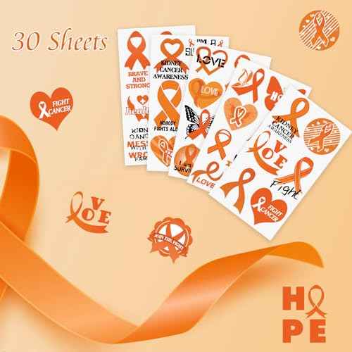 WANDIC 30 Sheets Orange Ribbon Temporary Tattoos, Leukemia Awareness Tattoo Sticker Lymphoma Kidney Cancer Awareness Stickers for Charity Eveny