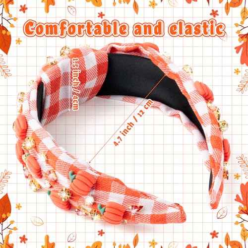 PANTIDE Thanksgiving Fall Jeweled Knotted Headband - Pumpkin Rhinestone Crystal Embellished Headband Wide Top Knot Fashion Hairband Hair Accessories Autumn Birthday Gift for Women Girls(Plaid Pumpkin)