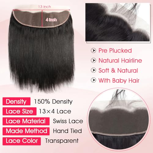 Human Hair Bundles with Frontal Closure (10 12 14 16+10,Free Part), 4 Bundles Human Hair with 13x4 HD Lace Frontal,16A 100% Virgin Brazilian Straight Hair Extensions Double Weft
