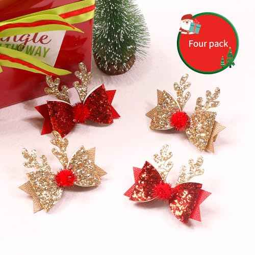 Christmas Hair Clips Glitter Christmas Antler Hairpins Cute Christmas Bow Hair Clips Gold Red Christmas Reindeer Antlers Headband Hairpins Elk Bow Hair Accessories for Women Girls Party Costume 4PCS
