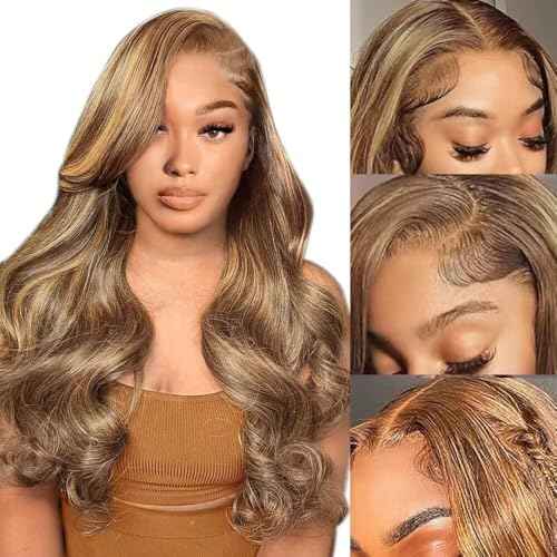 Azkiu Highlight Ombre Lace Front Wig Human Hair 13x4 HD 4/27 Honey Blonde lace frontal Wigs Pre Plucked with Baby Hair 150% Density Colored Body Wave Lace Front wig Human Hair Natural Hairline 14Inch