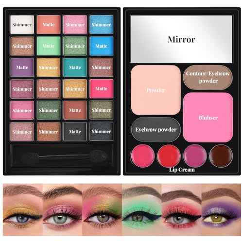 All in One Makeup Kit for Women Full Kit - 24 Eyeshadow, 4 Lipsticks, 1 Blushers, 1 Powder, 2 Eyebrow Powder, 1 Mirror, 1 Double Ended Brush, Makeup Gift Set for Teen Girls, Beginner and Professional