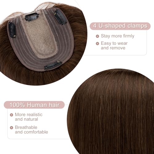 Hair Toppers for Women Real Human Hair with No Bangs Upgrade Lace Base 3.9 * 4.7 Inch Clip In Topper Hairpieces for Women #04 Chocolate Brown 8 Inch