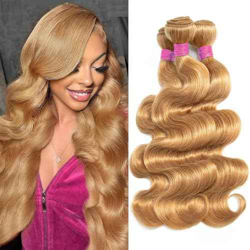 Vallbest Honey Blonde Bundles Human Hair #27 Body Wave Bundles 16 18 20 Inch 3 Bundles 100% Unprocessed Brazilian Virgin Hair 12A Virgin Raw Remy Weave Human Hair Extensions for Women