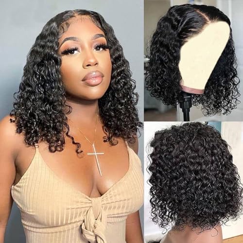 Wear and Go Glueless Wigs Human Hair Pre Plucked Pre Cut Deep Wave Curly Bob Wig Human Hair Lace Front Wigs for Black Women 4x4 Lace Closure Human Hair Bob Wigs Glueless 16 Inch