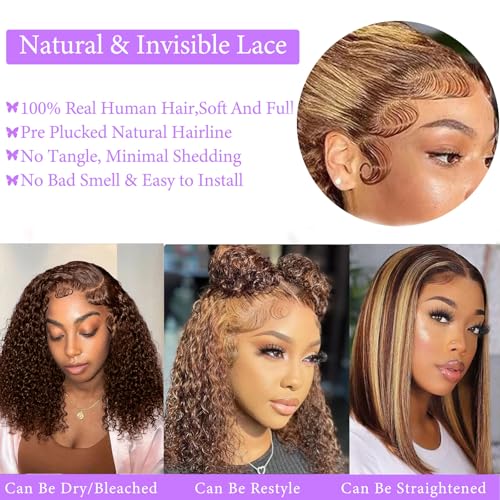 14 Inch Bob Wig Human Hair Highlight Ombre 13x6 lace front wig human hair 200% Density Real Human Hair Pre Plucked Deep Curly Short Bob Wigs for Women 4/27