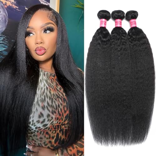Kinky Straight Human Hair Bundles(14 16 18 Inch)100% Unprocessed Brazilian Virgin Human Hair 12A Yaki Straight 3 Bundles Hair Weft Sew In for Black Women Natural Color