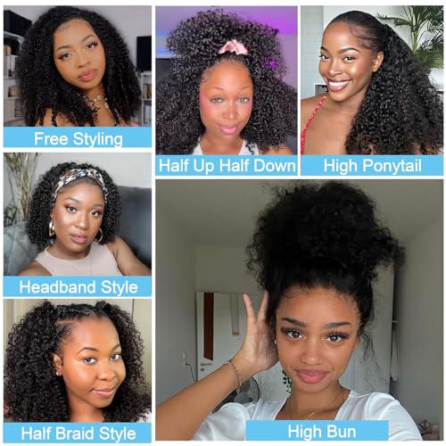 Kinky Curly Half Wigs 100% Human Hair 180 Density 3 In 1 Seamless Flip Over Half Wigs Kinky Burmese Curly Deep Water Wave Glueless Wear and Go Wig Drawstring Headband Ponytail Wig for Women 16 Inch