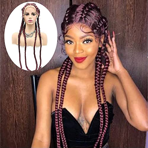 99J Red Braided Wigs for Black Women Long Straight Glueless Synthetic Lace Front Wigs Pre Plucked Hairline Knotless Box Braided Lace Front Wig with Baby Hair Heat Resistant Cosplay Drag Queen 30Inch