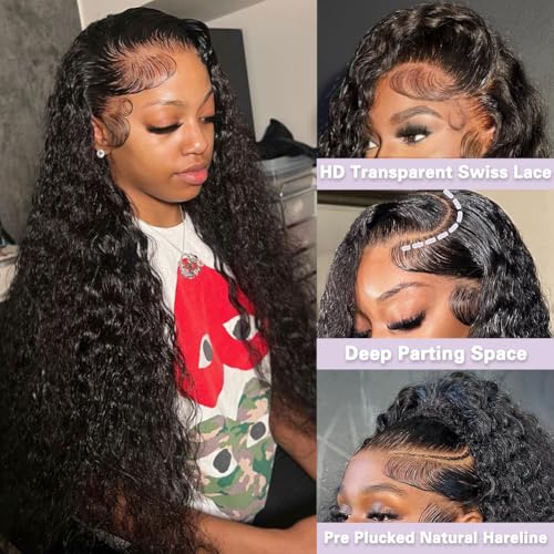 Deep Wave Lace Front Wig Human Hair 13x4 HD Lace Front Deep Wave Wig For Women Frontal Brazilian Human Hair Pre Plucked Curly Wet and Wavy 180 Density Bleached,Average Cap,Tangle Free 24 Inch