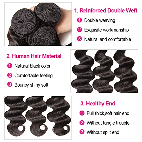 Body Wave Bundles with Closure (12 14 16+10£¬Free Part) Brazilian Virgin Hair Weave Bundles with Lace Closure Body Wave Human Hair Bundles and Closure Hair Weft Natural Color for Black Women