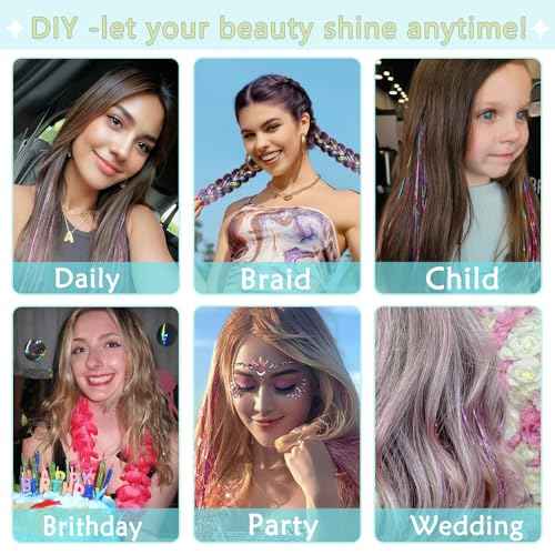 Hair Tinsel, Hair Tinsel Kit for Girls 1800 Strands Fairy Tinsel Hair Extensions Holographic Hair Tinsel Heat Resistant Colored Hair Glitter Christmas Party Festival (N/Pink)