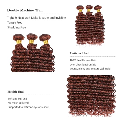 Auburn Deep Wave Human Hair Color 33 Reddish Brown Deep Curly Wet and Wavy Bundles Double Weft Brazilian Copper Red Hair Extensions Silky and Soft for Women (18 20 22 inch 3 Bundles)