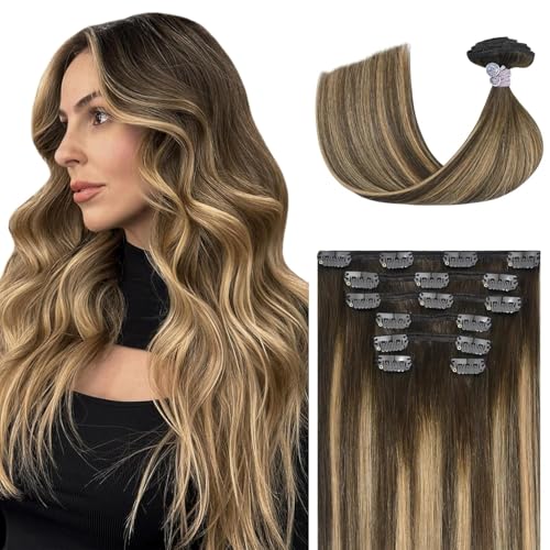 Ukira Balayage Clip in Hair Extensions Real Human Hair, 22 Inch 75g 4/27/4 Chocolate Brown to Caramel Blonde Ombre Human Hair Extensions, Natural Straight Remy Human Hair Clip ins for Women