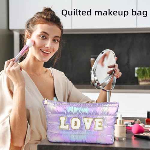 ARISTOTE Personalized Initial Quilted Makeup Bag, Large Cute Cosmetic Bag, Cotton Iridescent Travel Toiletry Organizer Bags, Gifts for Girl Girlfriend Teen Girls Gift Trendy Stuff (LOVE, purple)