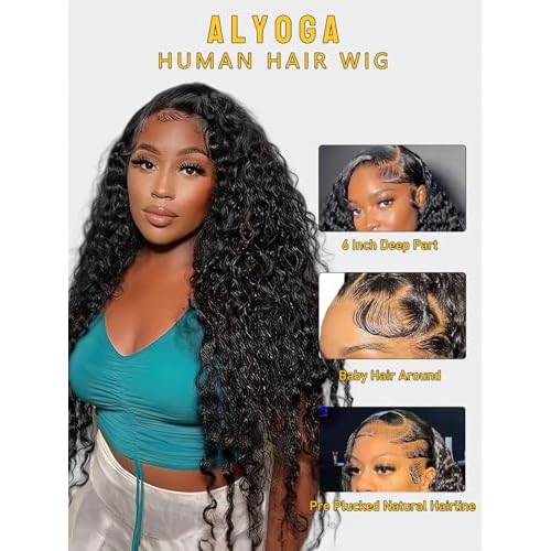 13x6 Deep Wave Lace Front Wigs Human Hair 180 Density Pre Plucked with Baby Hair Water Wave Wigs for Women Glueless Natural Color 20 inch