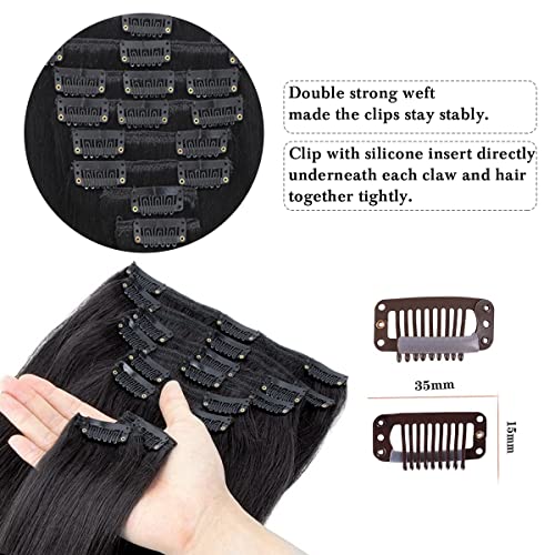 Clip in Hair Extensions Real Human Hair 24 Inch Natural Black Invisible Seamless Clip in Hair Extensions Human Hair, 8Pcs Double Weft Remy Hair Extension Real Human Hair for Women 90g (24Inch 1B#)