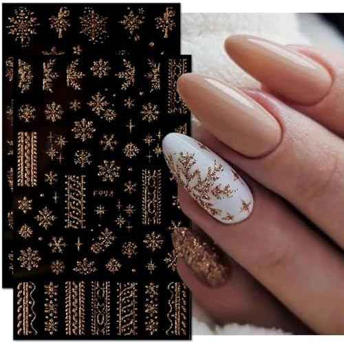 Christmas Nail Stickers for Nail Art 8 Sheets, Snowflake Nail Art Stickers 3D Self-Adhesive Nail Decals Winter Exquisite White Gold Nail Art Supplies for Acrylic Nail Christmas Nail Decorations