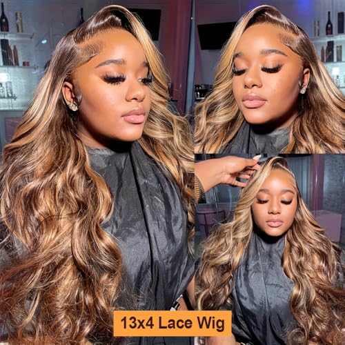 Highlight Ombre Lace Front Wig Human Hair HD Body Wave Lace Front Wigs Human Hair 180% Density 4/27 Colored Honey Blonde Frontal Wig for Women Pre Plucked with Baby Hair 20 Inch
