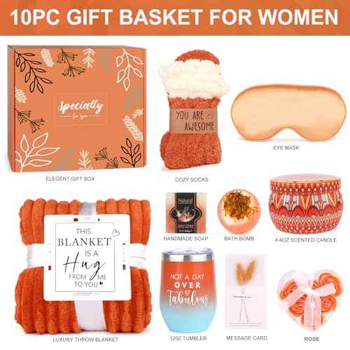 Fall Gifts for Women Orange,Halloween, Birthday Gifts for Mom Her Wife Friend w/Fall Candle,Fall Home Decor,Self Care Get Well Gifts Spa Set, Christmas Thanksgiving Halloween,Boo Basket Gifts Box Cozy