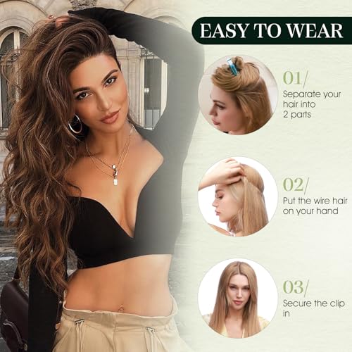 S-noilite Invisible Halo Hair Extensions Real Human Hair,20Inch Golden Brown mix Bleach Blonde Human Halo Extensions with 2clips Adjustable Fish Line One Piece HairExtensions For Women 70g