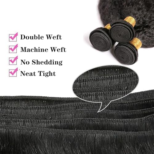 Hair Bundles 12A Yaki Kinky Straight Human Hair 3 Bundles 100% Unprocessed Mongolian Virgin Human Hair Kinky Straight Bundles Yaki Hair Natural Color (16 18 20)