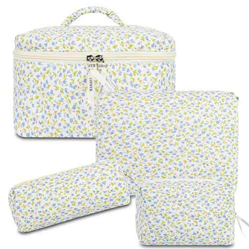 4Pcs Quilted Makeup Bag Set Cute Floral Cosmetic Bag Cotton Coquette Make up Bag Aesthetic Travel Toiletry Bag for Women Girls