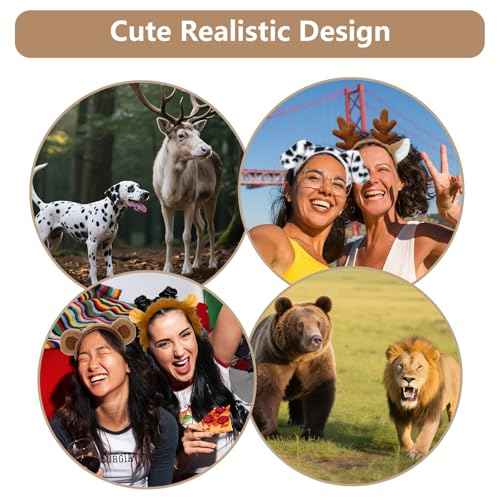 Beviliu 4 Pack Animals Ears Headband - Realistic Bear Ears Lion Ears Deer Ears Dalmatian Dog Ears Fluffy Hairband Halloween Christmas Animal Costume for Cosplay Party Washing Makeup