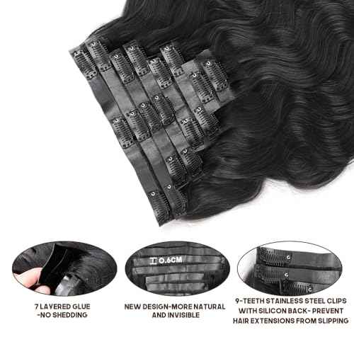Seamless Clip In Hair Extensions Real Human Hair 8Pcs Body Wave Clip Ins For Black Women Brazilian Virgin Human Hair Extensions with 18 Clips Remy Hair Extensions 120g(14inch, PU Natural Black)