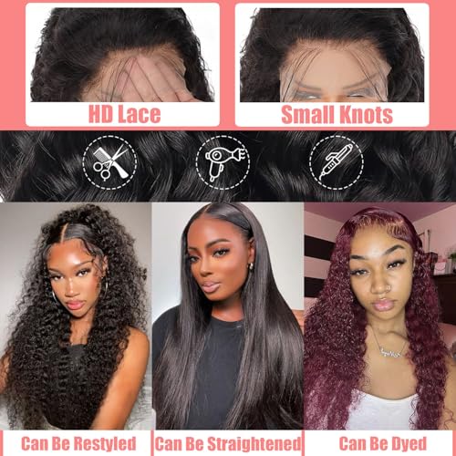 26 Inch Water Wave Lace Front Wigs Human Hair 13x4 HD Transparent Lace Frontal Wigs Pre Plucked Water Wave Lace Front Wigs for Black Women 180% Density Natural Color